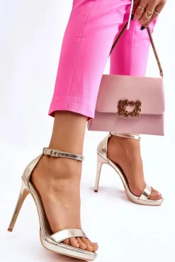 Hot Boto Eleganckie Skórzane Sandałki Na Szpilce Złote Averie