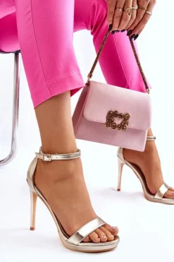 Hot Boto Eleganckie Skórzane Sandałki Na Szpilce Złote Averie