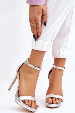 Damskie Boto Eleganckie Skórzane Sandałki Na Szpilce Srebrne Averie