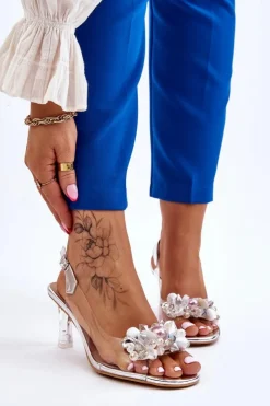 Damskie buty S.Barski Sandały Na Obcasie*Eleganckie Transparentne Sandały Z Ozdobą Srebrne Lilah