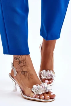 Damskie buty S.Barski Sandały Na Obcasie*Eleganckie Transparentne Sandały Z Ozdobą Srebrne Lilah