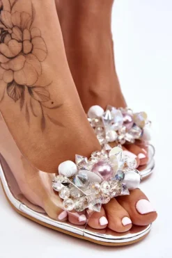 Damskie buty S.Barski Sandały Na Obcasie*Eleganckie Transparentne Sandały Z Ozdobą Srebrne Lilah