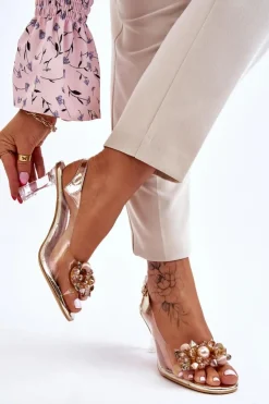 Discount Damskie buty S.Barski Eleganckie Transparentne Sandały Z Ozdobą Złote Lilah