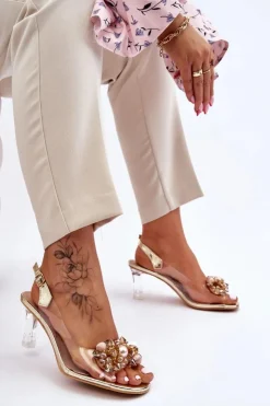 Discount Damskie buty S.Barski Eleganckie Transparentne Sandały Z Ozdobą Złote Lilah