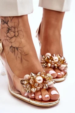 Discount Damskie buty S.Barski Eleganckie Transparentne Sandały Z Ozdobą Złote Lilah
