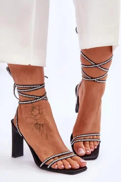 Boto Sandały Na Obcasie*Eleganckie Wiązane Sandały Z Dżetami Czarne Nessy Czarny