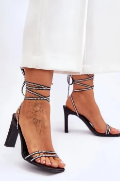 Boto Sandały Na Obcasie*Eleganckie Wiązane Sandały Z Dżetami Czarne Nessy Czarny