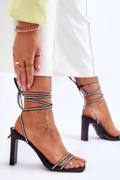 Boto Sandały Na Obcasie*Eleganckie Wiązane Sandały Z Dżetami Czarne Nessy Czarny