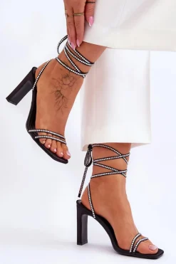 Boto Sandały Na Obcasie*Eleganckie Wiązane Sandały Z Dżetami Czarne Nessy Czarny