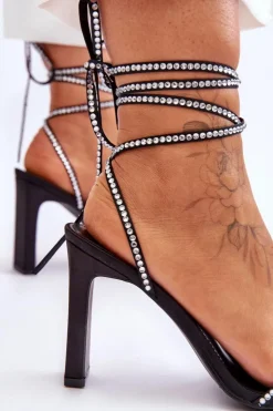 Boto Sandały Na Obcasie*Eleganckie Wiązane Sandały Z Dżetami Czarne Nessy Czarny