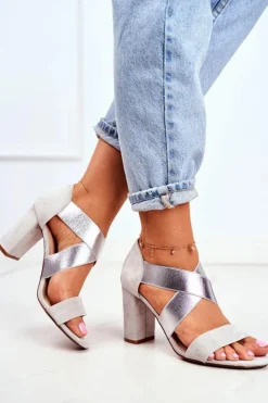 Evento Sandały Na Obcasie*Eleganckie Wsuwane Sandały Na Słupku Szaro-Srebrne Varina