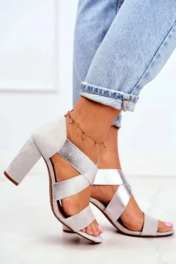 Evento Sandały Na Obcasie*Eleganckie Wsuwane Sandały Na Słupku Szaro-Srebrne Varina