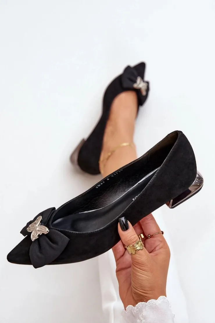 Laura Messi Baleriny Skórzane|Baleriny Klasyczne*Eleganckie Zamszowe Baleriny Damskie Z Kokardką 2893 Czarne