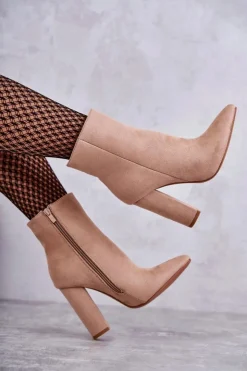 Damskie Boto Eleganckie Zamszowe Botki Na Słupku Ciemnobeżowe Ettany