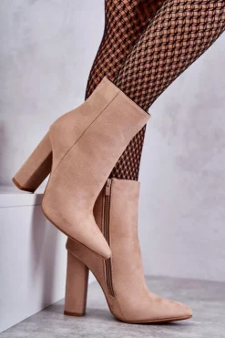 Damskie Boto Eleganckie Zamszowe Botki Na Słupku Ciemnobeżowe Ettany