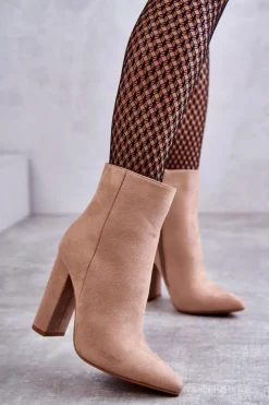 Damskie Boto Eleganckie Zamszowe Botki Na Słupku Ciemnobeżowe Ettany