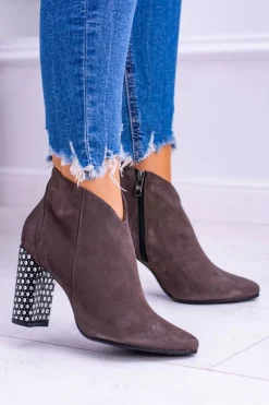 Damskie Laura Messi Eleganckie Zamszowe Botki na Słupku Khaki 1849