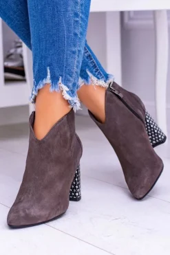 Damskie Laura Messi Eleganckie Zamszowe Botki na Słupku Khaki 1849