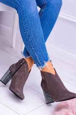 Damskie Laura Messi Eleganckie Zamszowe Botki na Słupku Khaki 1849