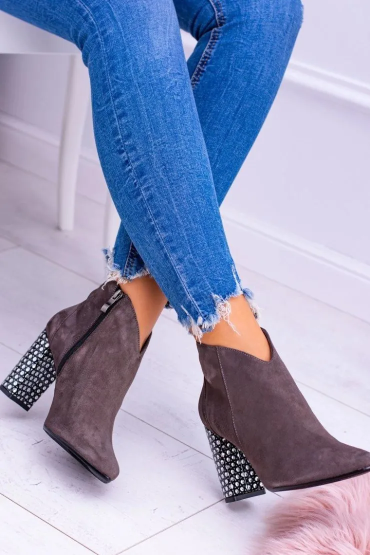 Damskie Laura Messi Eleganckie Zamszowe Botki na Słupku Khaki 1849