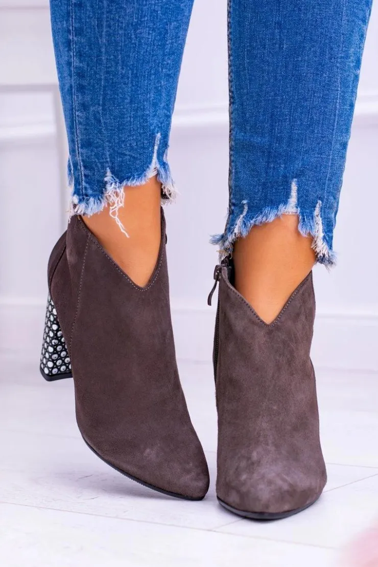 Damskie Laura Messi Eleganckie Zamszowe Botki na Słupku Khaki 1849