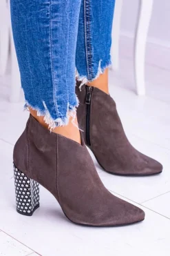 Damskie Laura Messi Eleganckie Zamszowe Botki na Słupku Khaki 1849