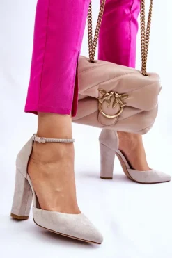 Damskie Boto Eleganckie Zamszowe Czółenka Na Słupku Jasnobeżowe Kaliya