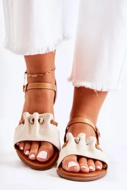 Damskie Evento Eleganckie Zamszowe Sandały Z Cekinami Beżowe Vitoria