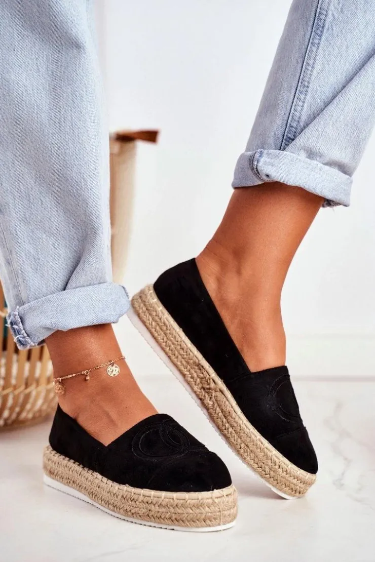 Outlet Boto Espadryle Damskie Gruba Podeszwa Lniane Czarne Febi