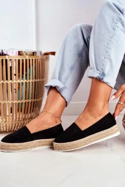 Outlet Boto Espadryle Damskie Gruba Podeszwa Lniane Czarne Febi