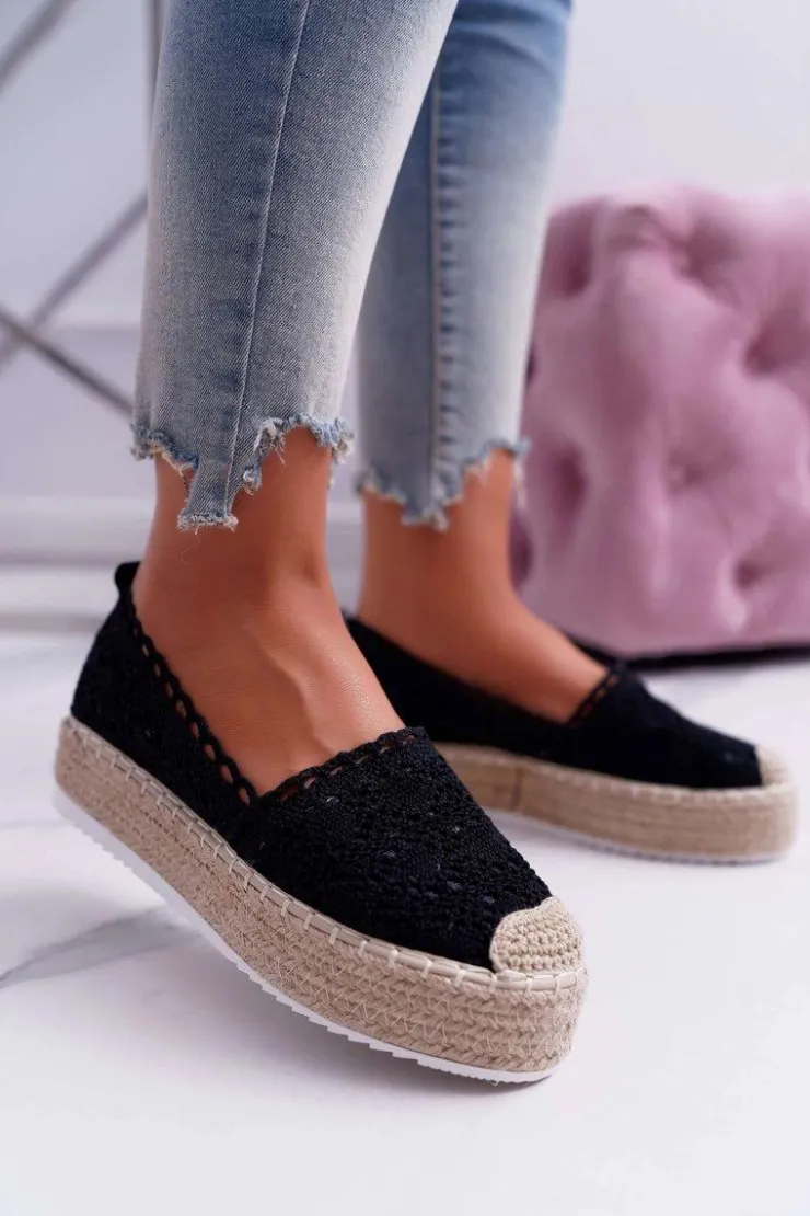 Damskie Boto Espadryle Damskie Koronkowe Czarne Lovely Haven