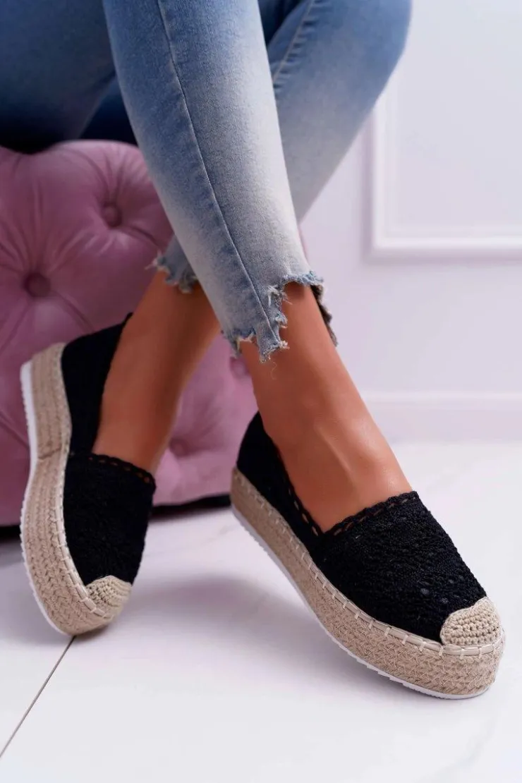 Damskie Boto Espadryle Damskie Koronkowe Czarne Lovely Haven