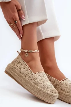 Damskie Boto Espadryle Damskie Koronkowe Na Platformie Beżowe Elarose