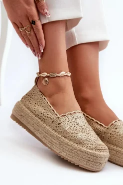 New Boto Espadryle Damskie Koronkowe Na Platformie Złote Elarose