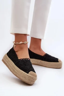 Boto Espadryle Na Platformie*Espadryle Damskie Koronkowe Na Platformie Czarne Elarose