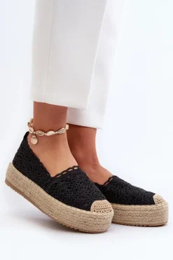 Boto Espadryle Na Platformie*Espadryle Damskie Koronkowe Na Platformie Czarne Elarose
