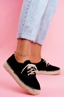 Damskie Boto Espadryle Damskie Na Platformie Lniane Czarne Sonya