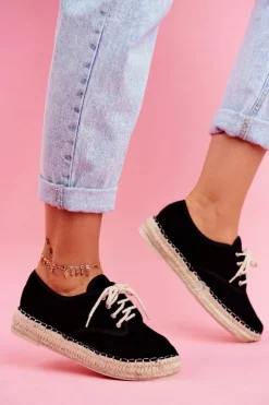 Damskie Boto Espadryle Damskie Na Platformie Lniane Czarne Sonya