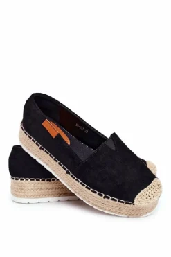 Damskie Boto Espadryle Damskie Na Platformie Lniane Czarne La Playa