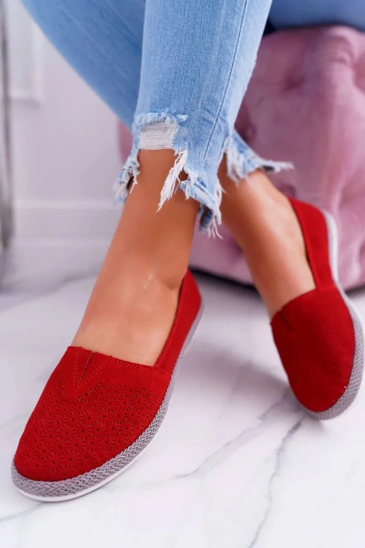 Best Damskie buty S.Barski Espadryle Damskie Skóra Zamsz Czerwone Bimbo