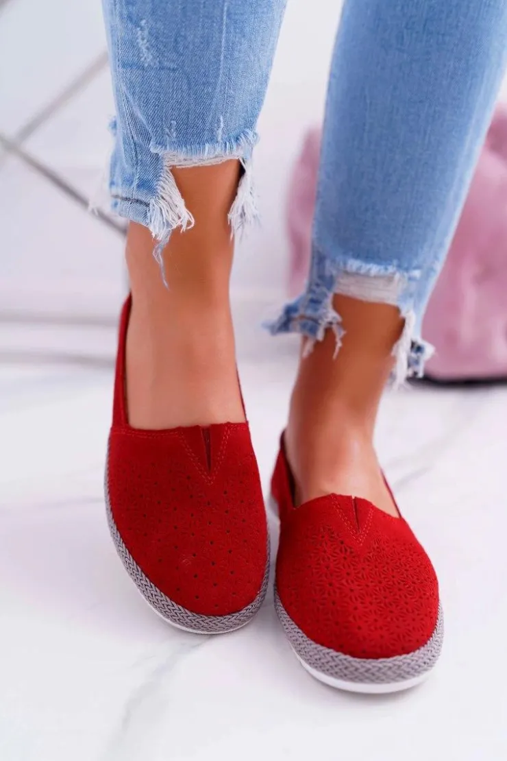 Best Damskie buty S.Barski Espadryle Damskie Skóra Zamsz Czerwone Bimbo