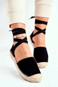 Best Boto Espadryle Damskie Wiązane Lniane Czarne Bonjour