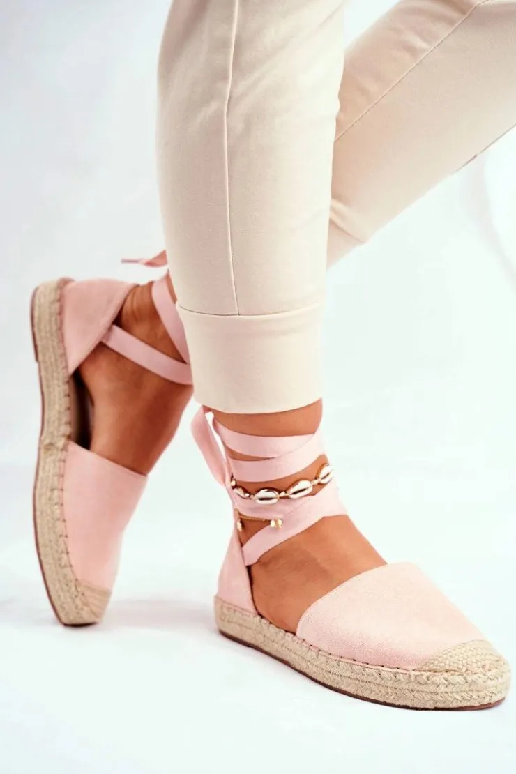 Damskie Boto Espadryle Damskie Wiązane Lniane Różowe Bonjour