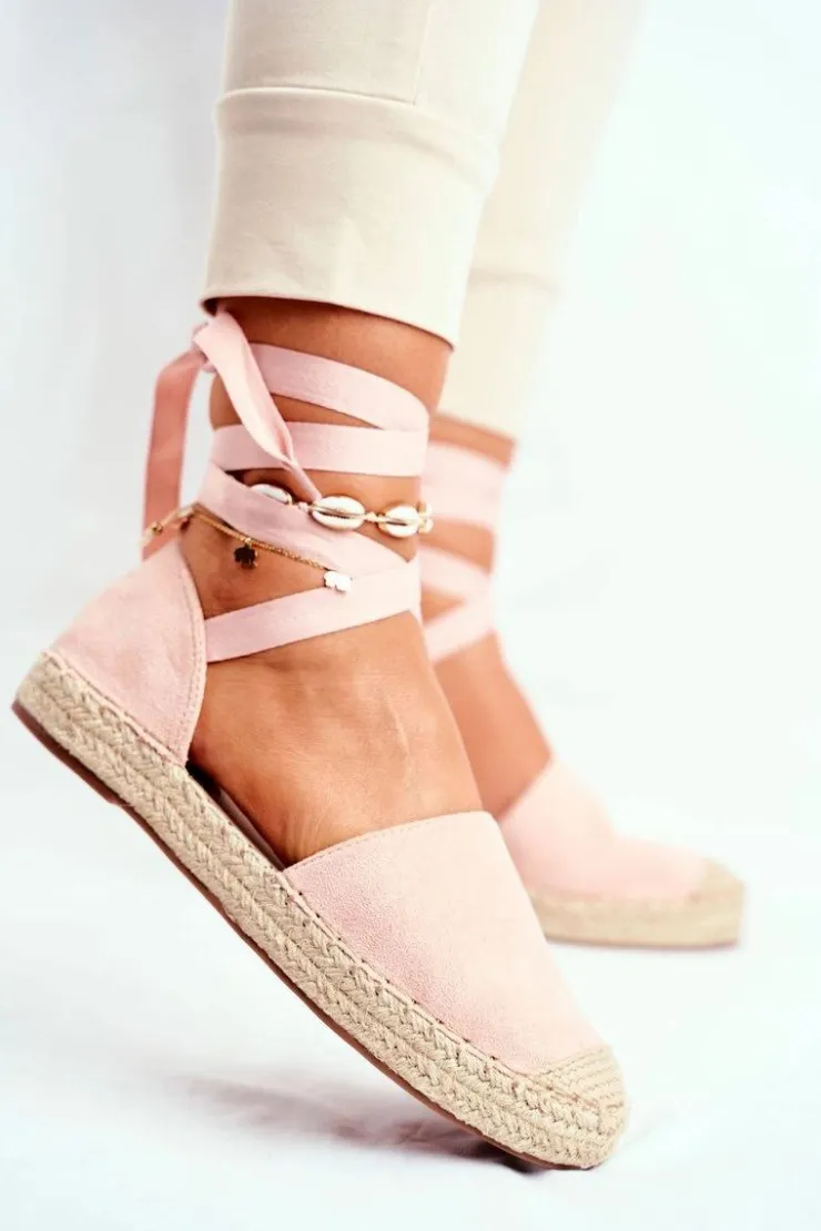 Damskie Boto Espadryle Damskie Wiązane Lniane Różowe Bonjour