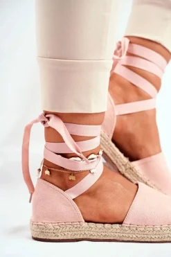 Damskie Boto Espadryle Damskie Wiązane Lniane Różowe Bonjour