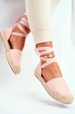 Damskie Boto Espadryle Damskie Wiązane Lniane Różowe Bonjour
