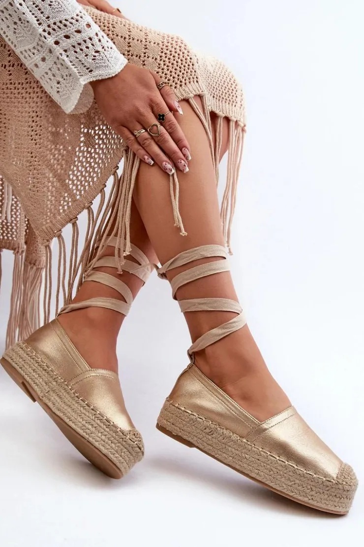 Damskie Boto Espadryle Damskie Wiązane Na Platformie Z Plecionką Złote Tailesse