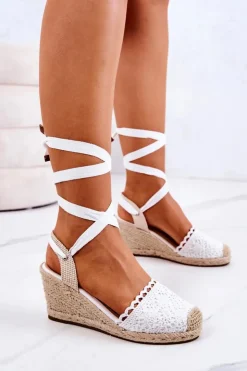 Damskie Boto Espadryle Na Koturnie Ażurowe Białe Lettica