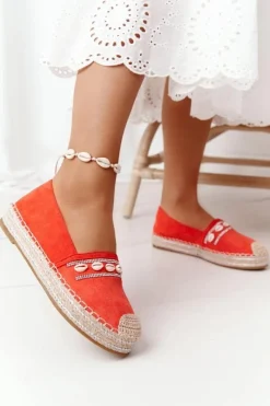 Boto Czarne Espadryle*Espadryle Na Platformie Z Muszelkami Koralowe Seashell