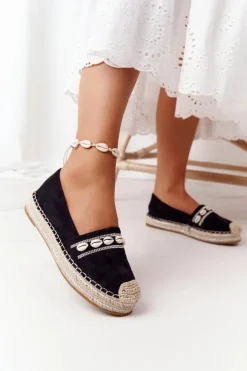 Damskie Boto Espadryle Na Platformie Z Muszelkami Czarne Seashell